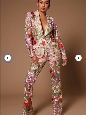 Fashion Nova Beige Floral Embroidered Pantsuit with Pink & Red Flowers- M runs S